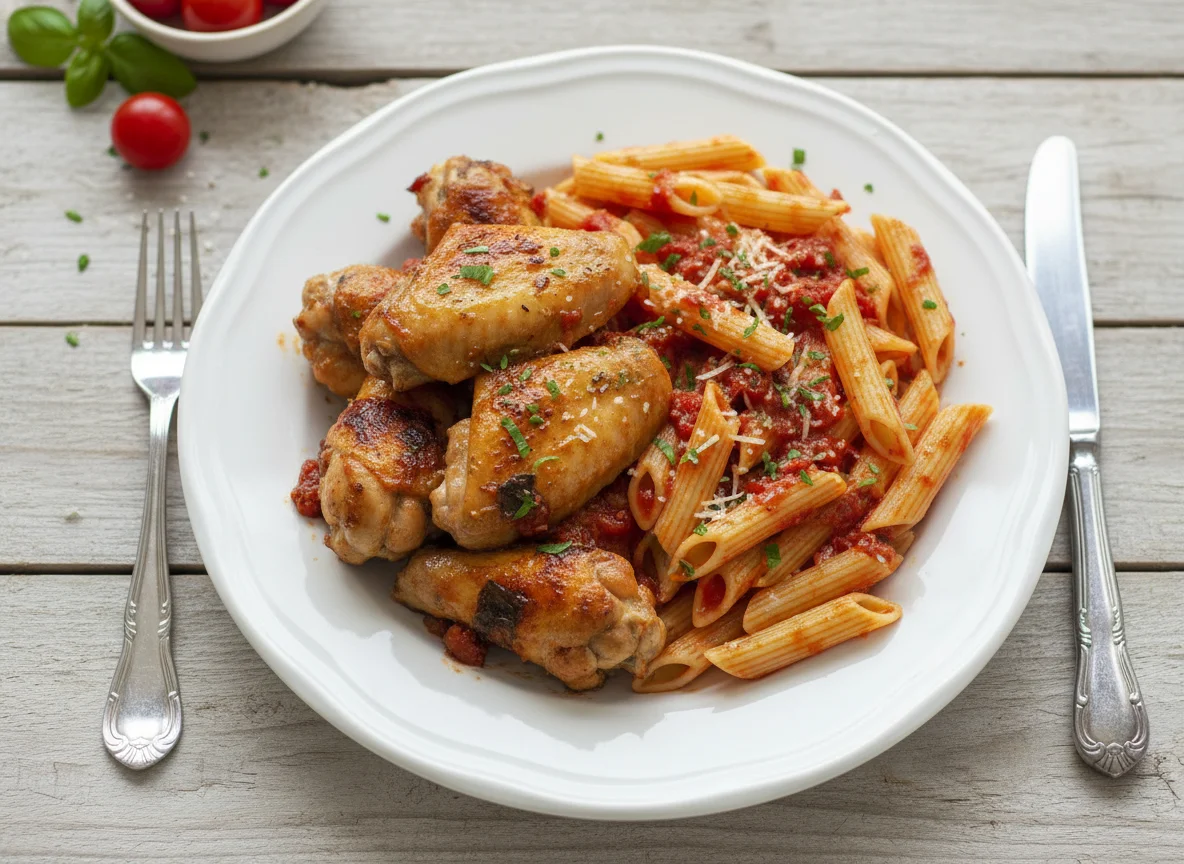 Asas de frango e Penne ao molho photo
