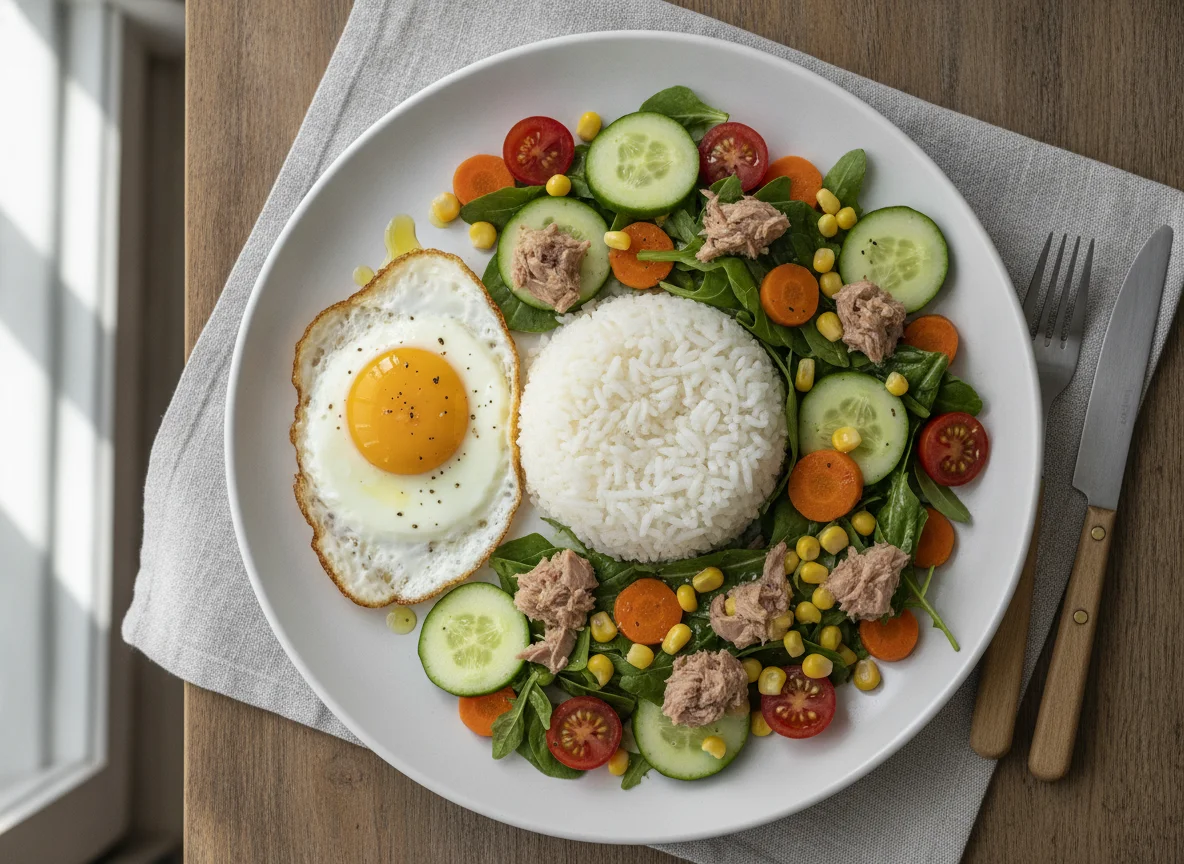 Atum com arroz, ovo estrelado e salada mista photo