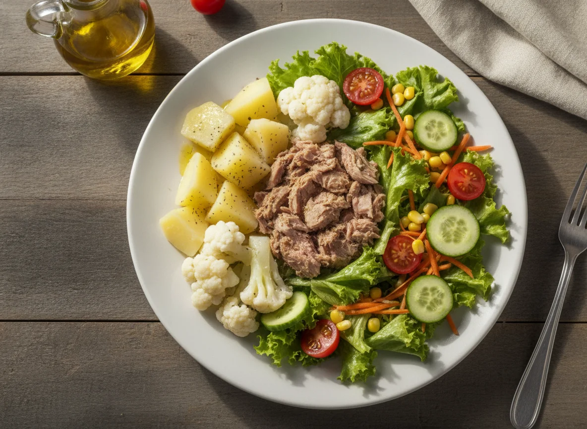 Atum com batata, couve-flor e salada mista photo