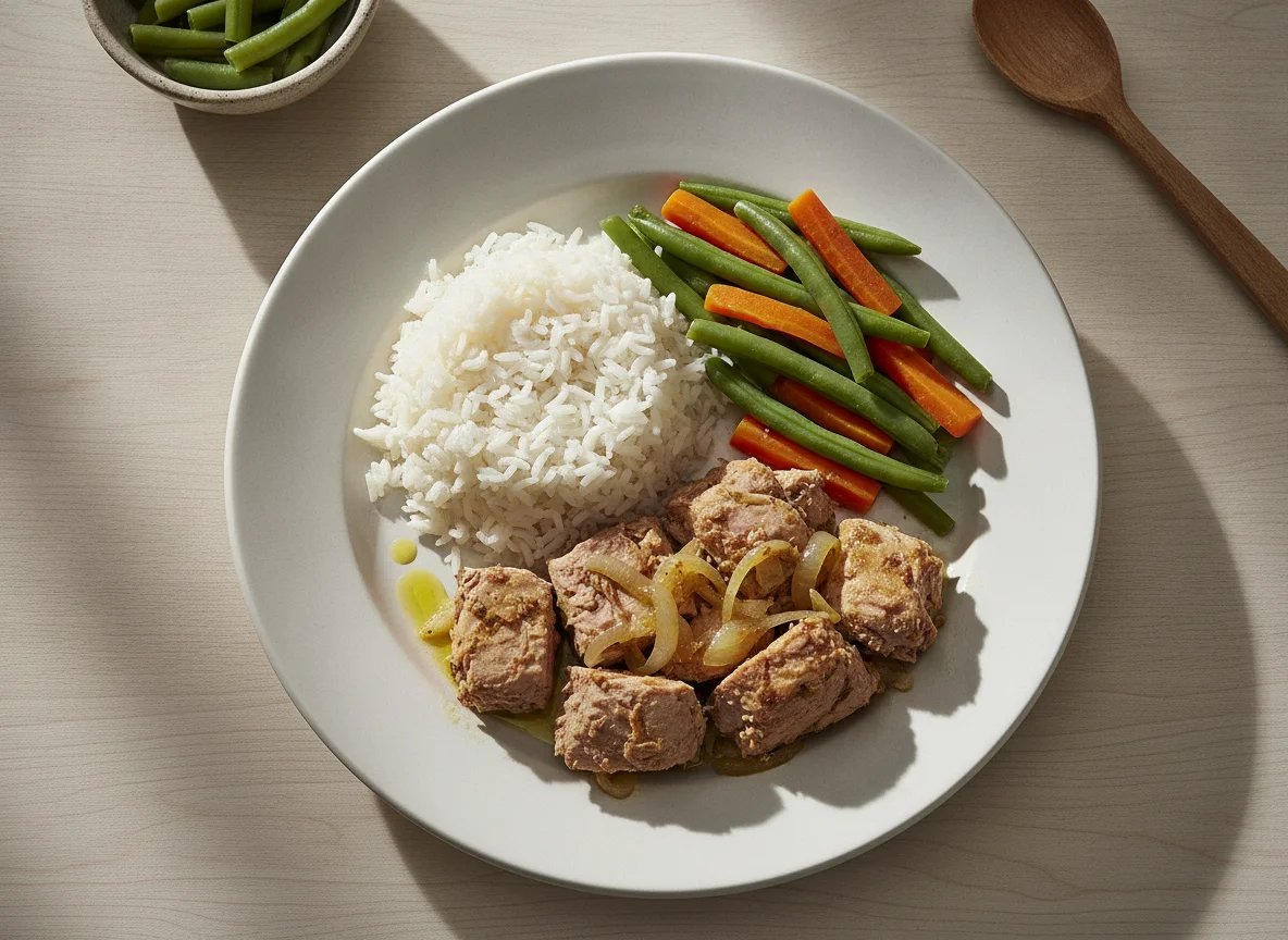 Atum refogado com arroz, feijão-verde e cenoura photo