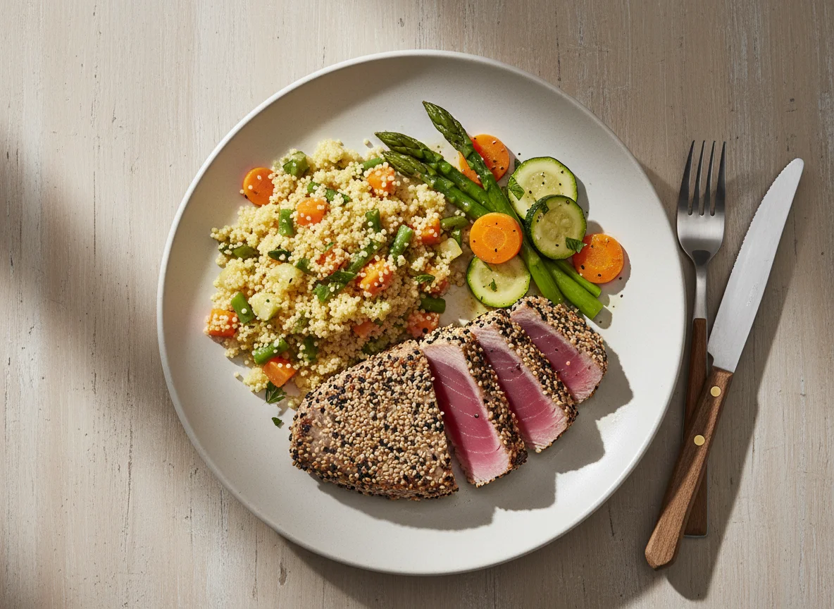 Atum selado com gergelim, cuscuz marroquino e vegetais photo