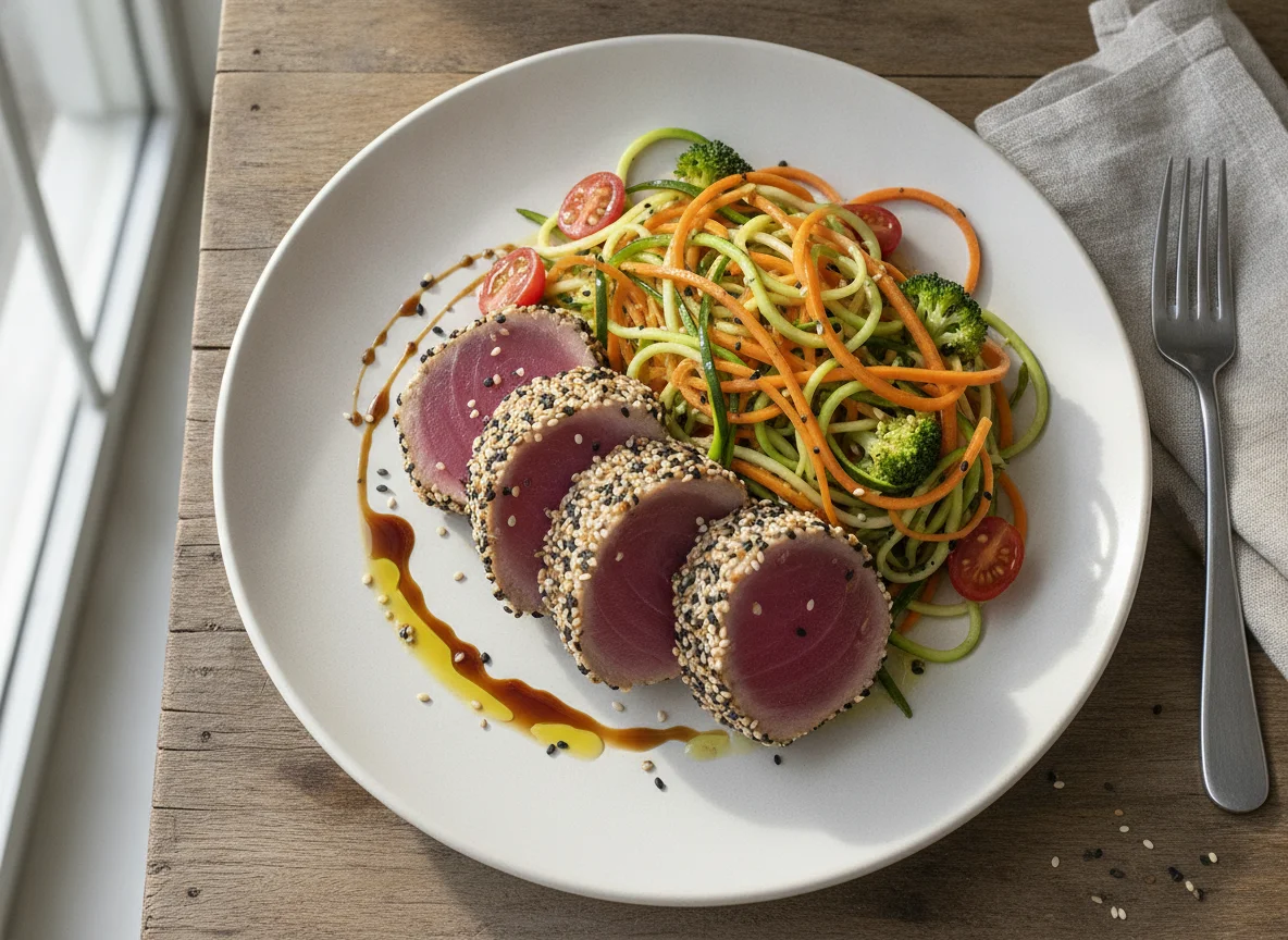 Atum selado com gergelim e espaguete de legumes photo