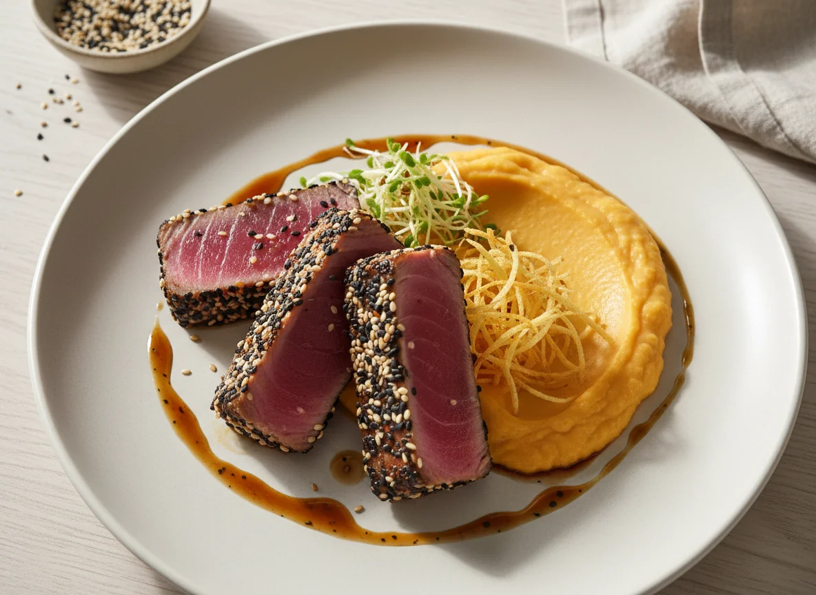 Atum selado com purê de abóbora e molho agridoce photo