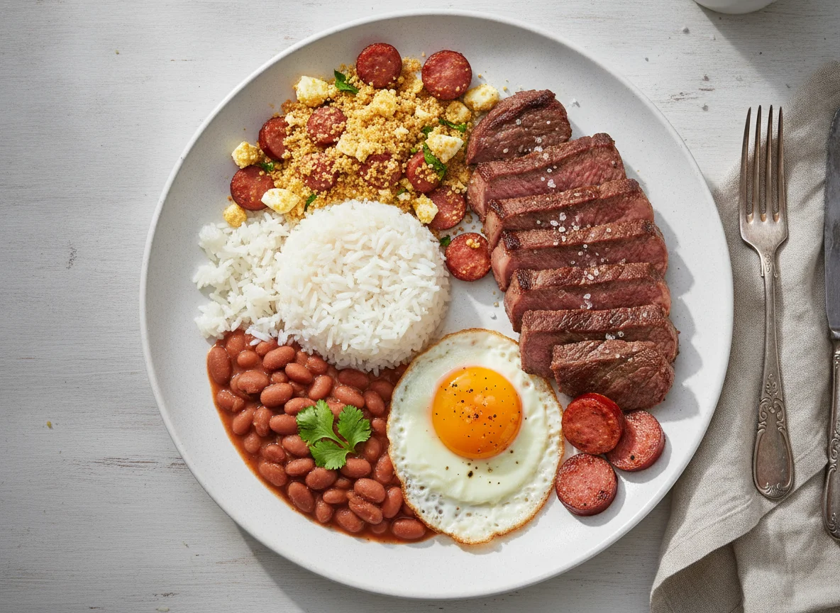 Baby Beef com Arroz, Feijão, Farofa, Ovo e Calabresa photo