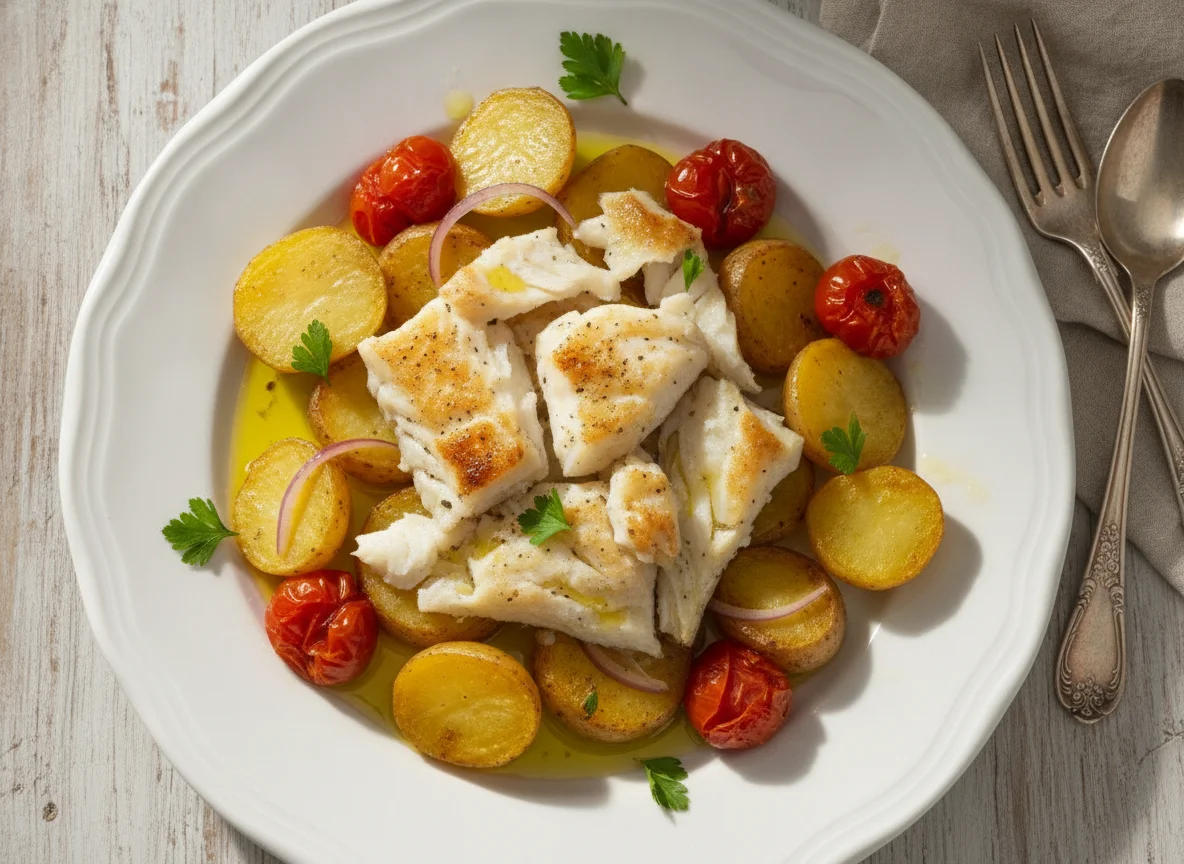 Bacalhau assado com batatas e tomate photo