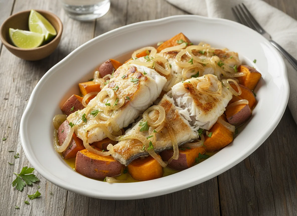 Bacalhau com batata doce e cebolada photo