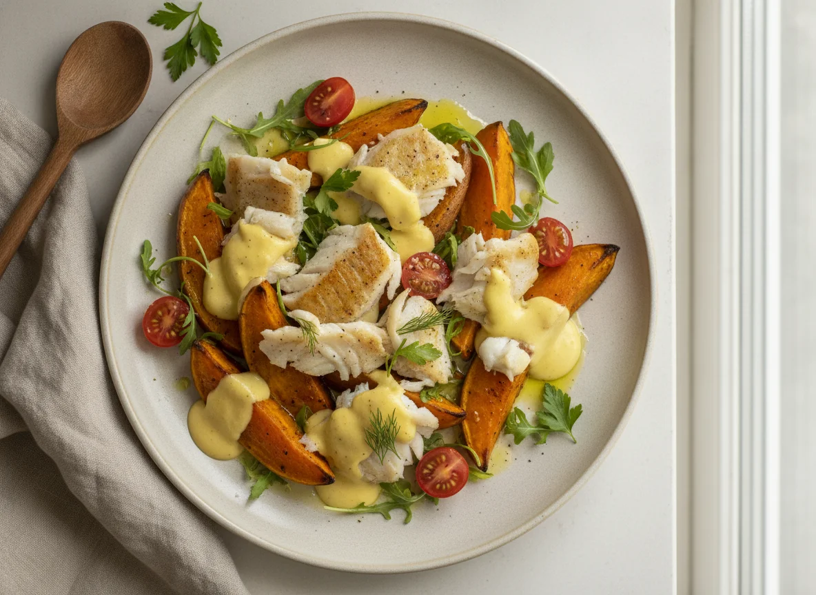 Bacalhau com Batata-Doce e Molho Holandês photo