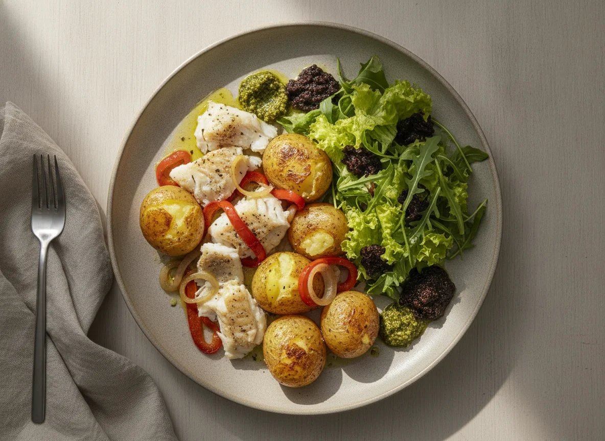 Bacalhau com Batatas ao Murro e Salada Verde photo