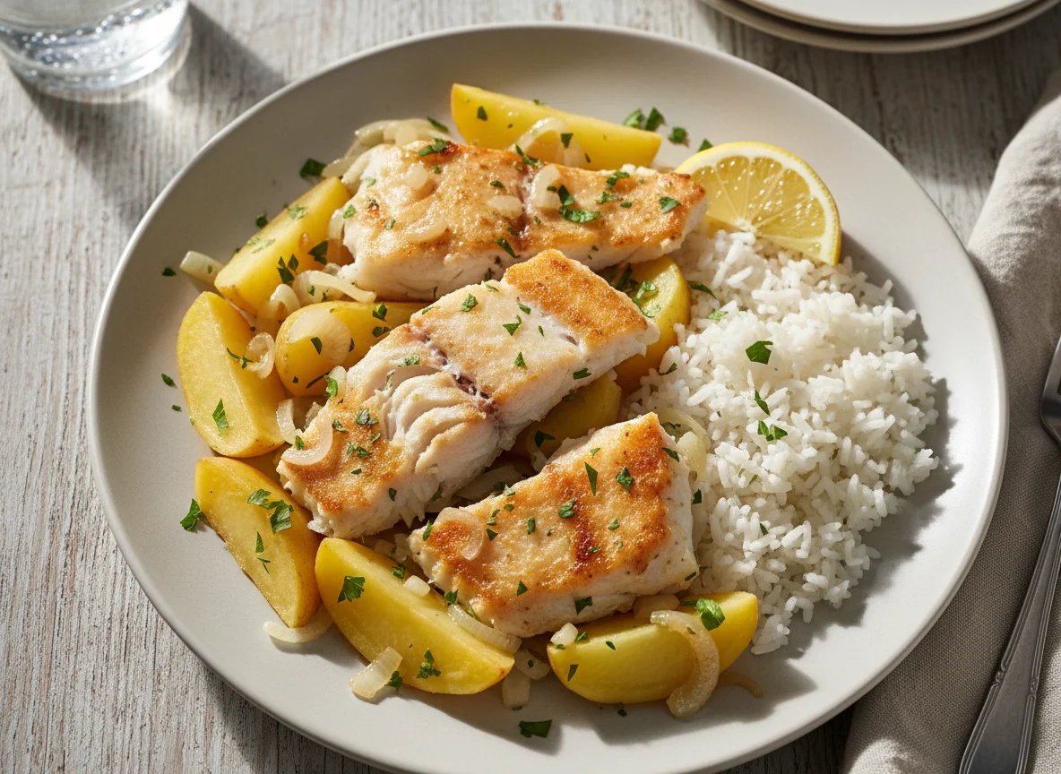 Bacalhau com batatas e arroz photo