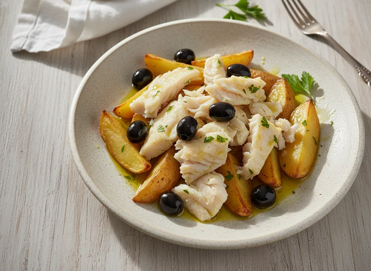 Bacalhau com batatas e azeitonas photo