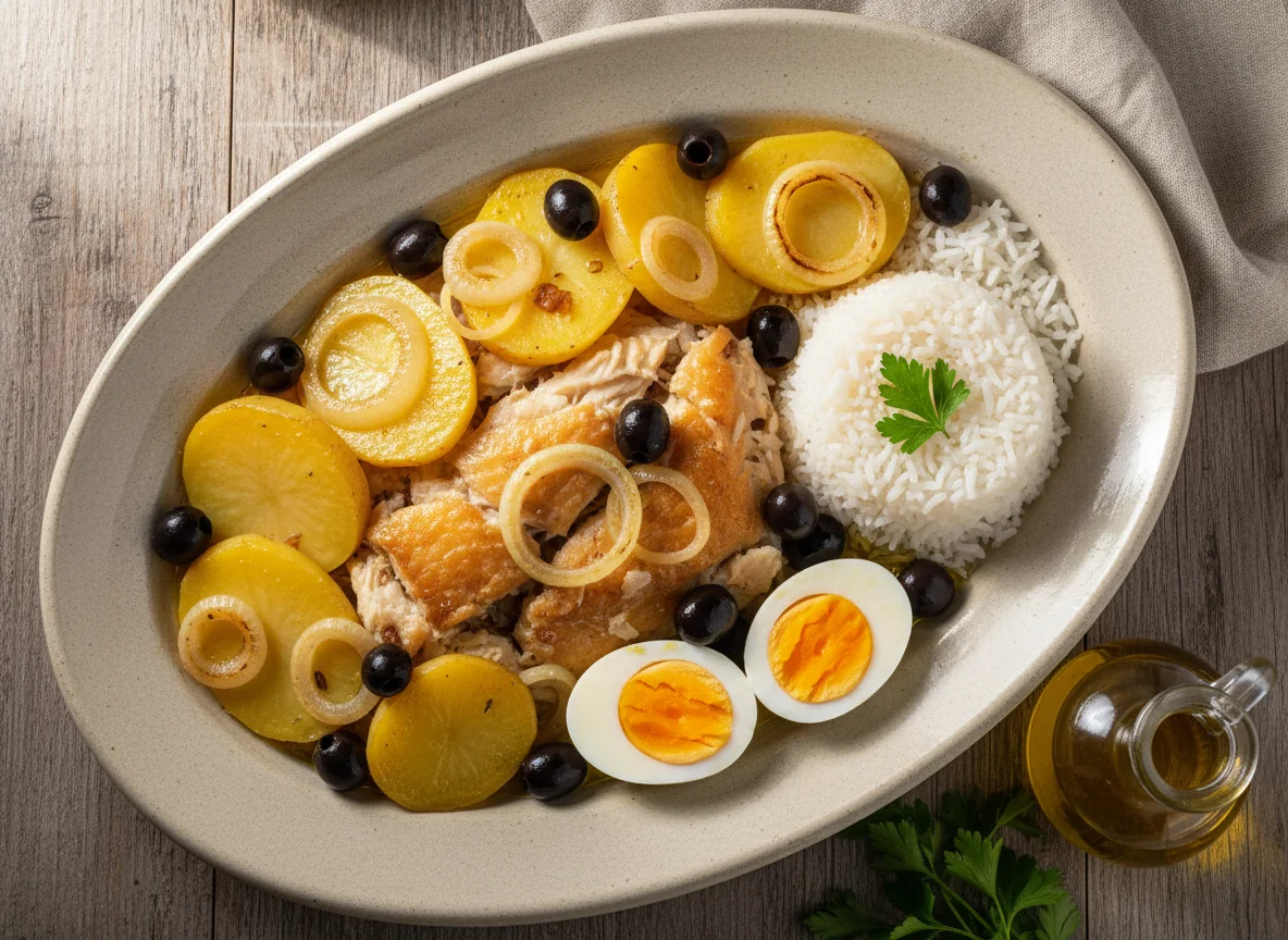 Bacalhau com batatas, ovos e arroz photo
