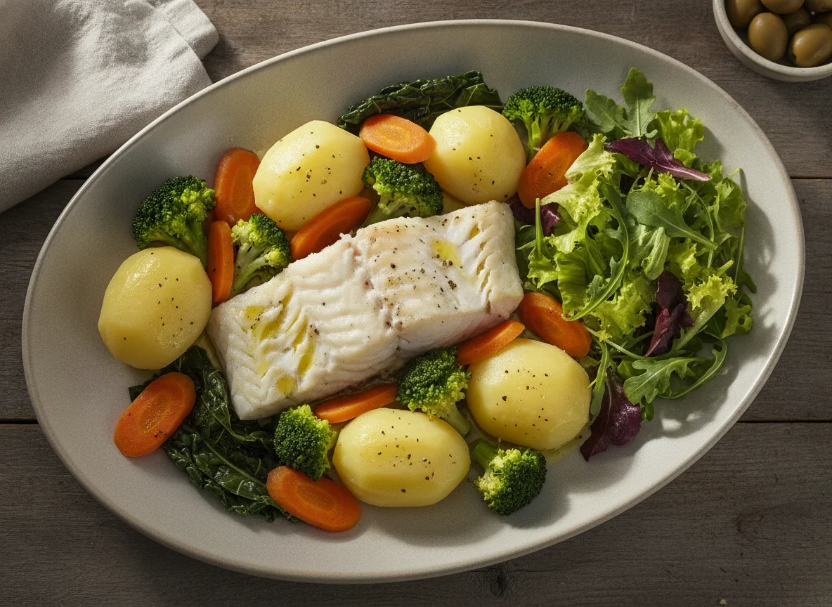 Bacalhau com legumes e salada photo