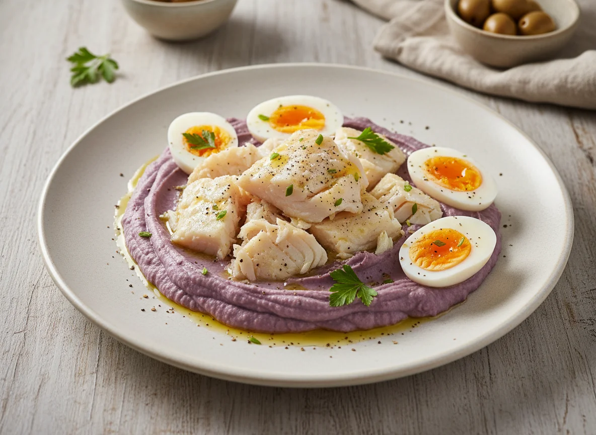 Bacalhau com puré de batata doce roxa photo