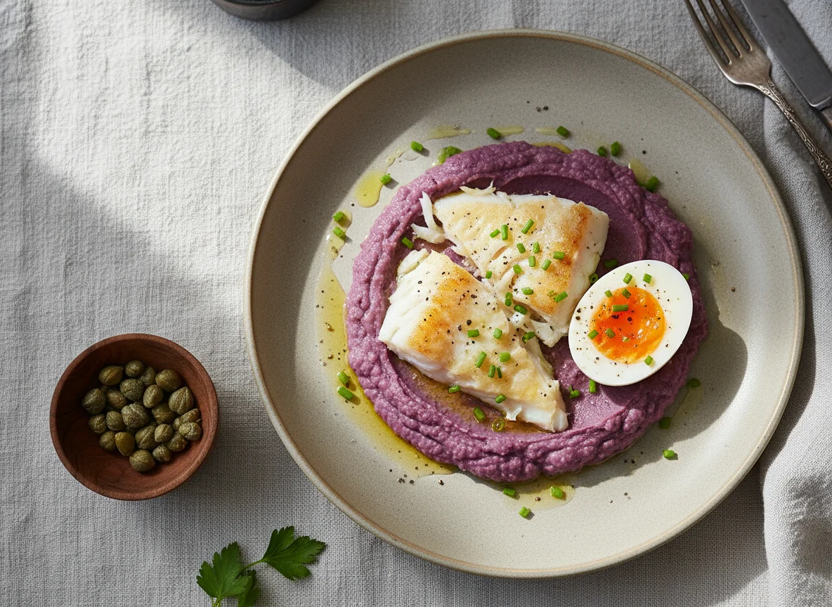 Bacalhau com puré de batata doce roxa e ovo photo