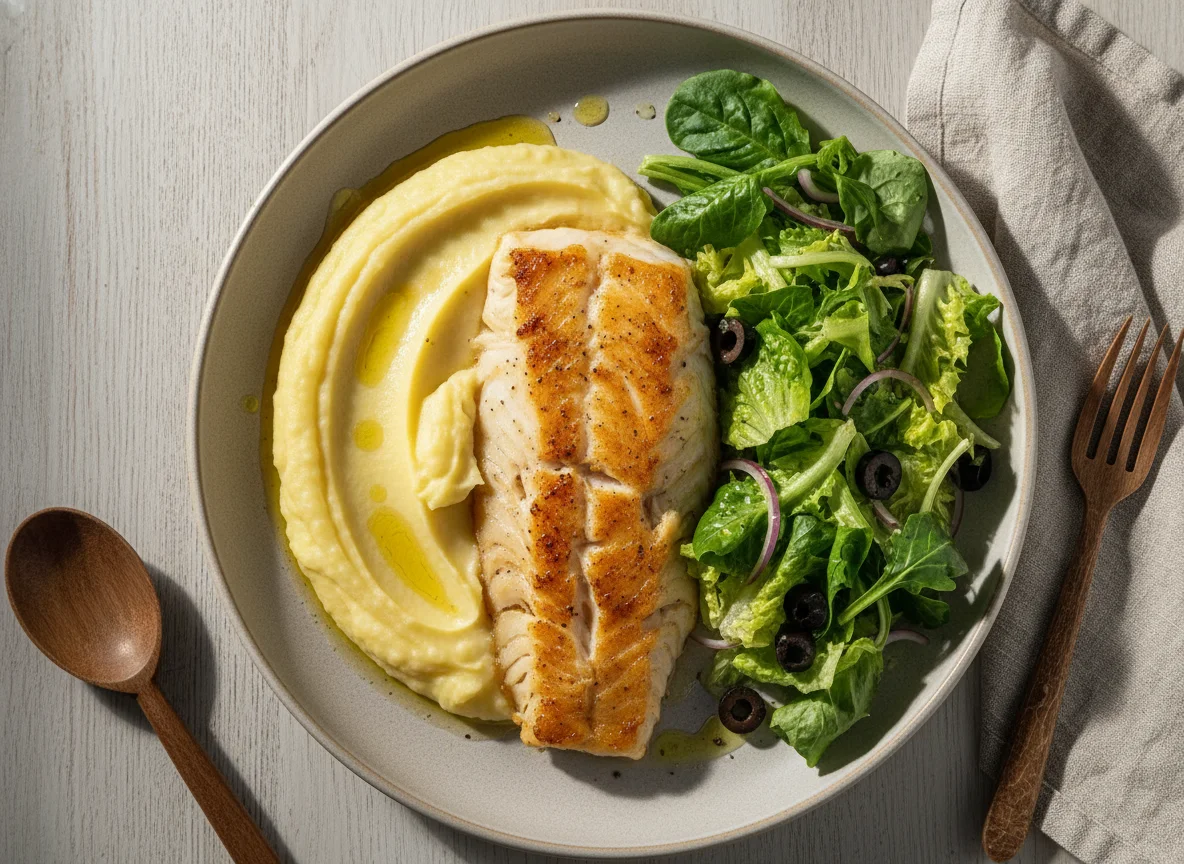 Bacalhau com puré de batata e salada photo