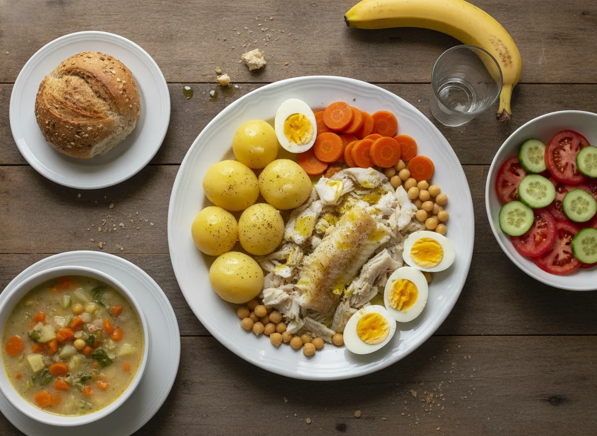 Bacalhau com Todos, Sopa de Legumes, Salada e Fruta photo
