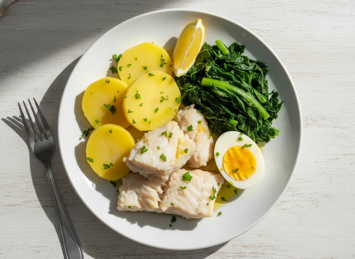Bacalhau cozido com batata, couve e ovo photo