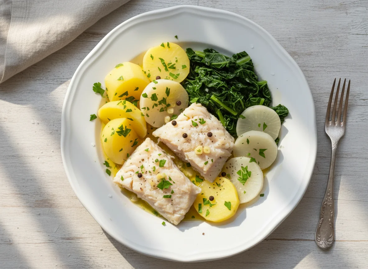 Bacalhau cozido com batata, nabo e couve photo