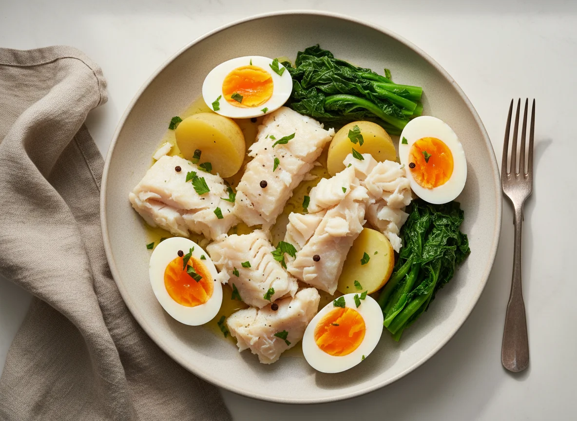 Bacalhau cozido com batata, ovo e couve photo