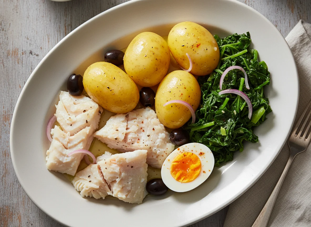 Bacalhau Cozido com Batatas, Couve e Ovo photo