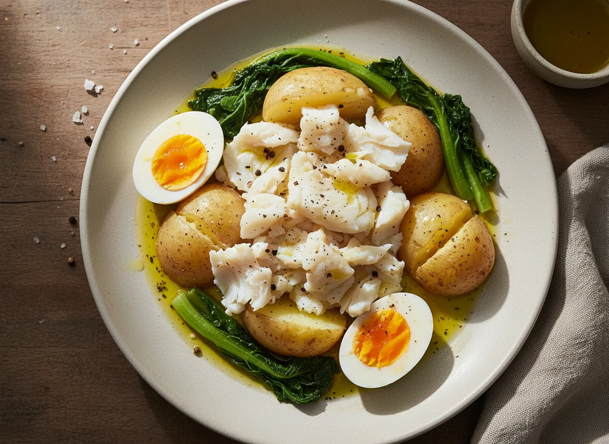 Bacalhau cozido com batatas, ovo e grelos photo