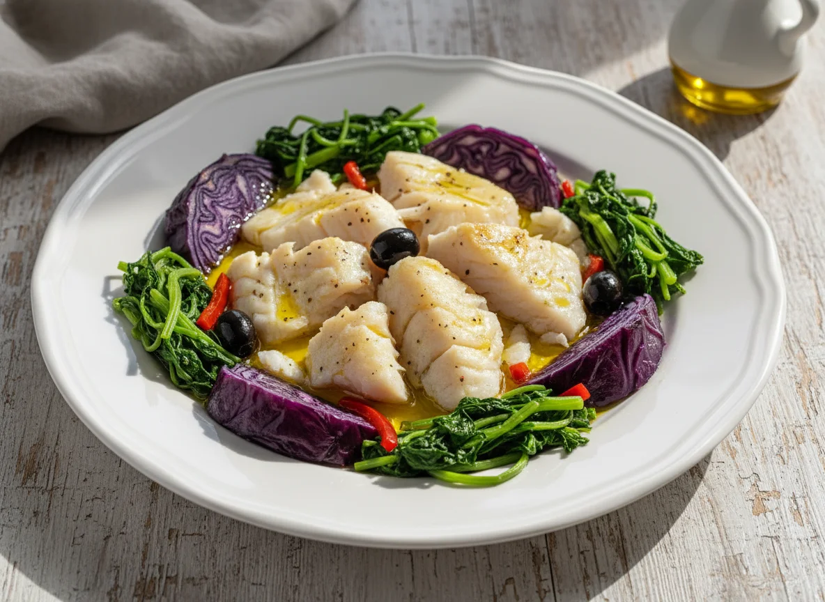 Bacalhau cozido com couve roxa e grelos photo