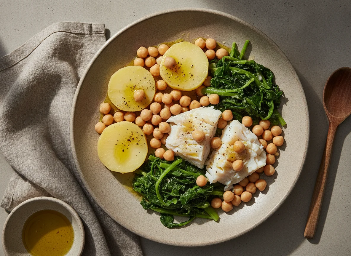 Bacalhau cozido com grão e grelos photo