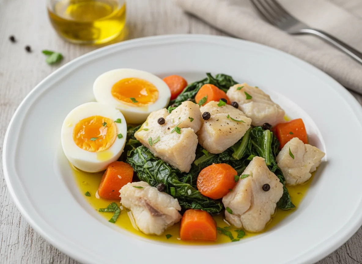 Bacalhau cozido com legumes e ovo photo