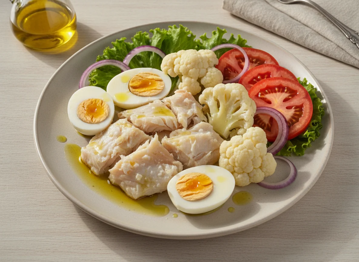 Bacalhau cozido com ovo e couve-flor photo