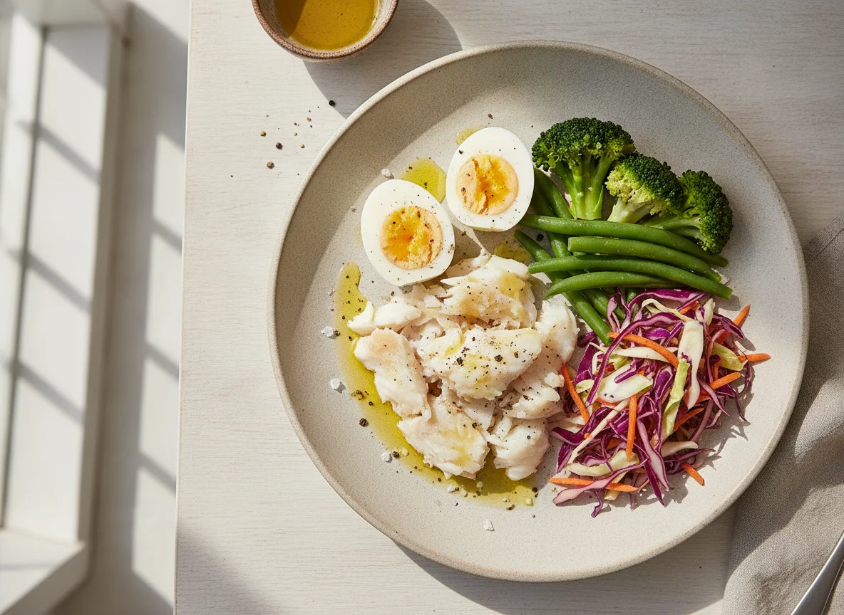 Bacalhau cozido com ovo e legumes photo