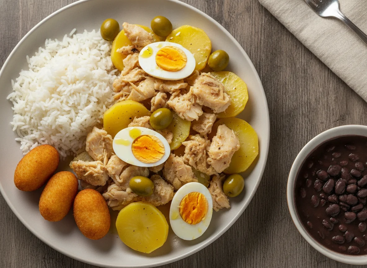 Bacalhoada com Arroz, Feijão e Bolinhos de Bacalhau photo