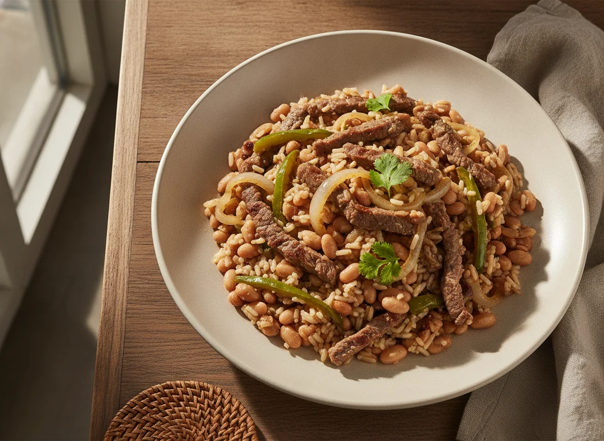 Baião de Dois com Carne Acebolada e Pimentão photo