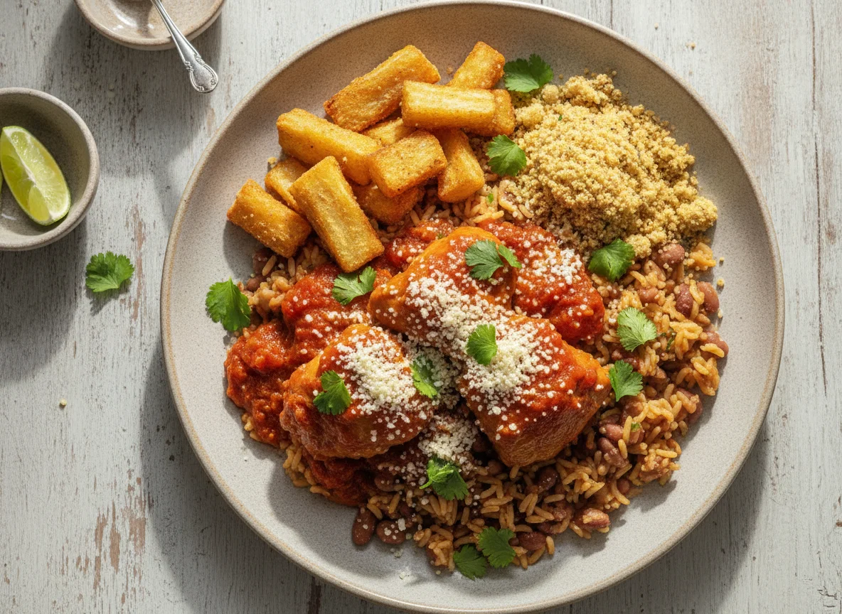 Baião de Dois com Frango ao Molho, Mandioca Frita e Farofa photo