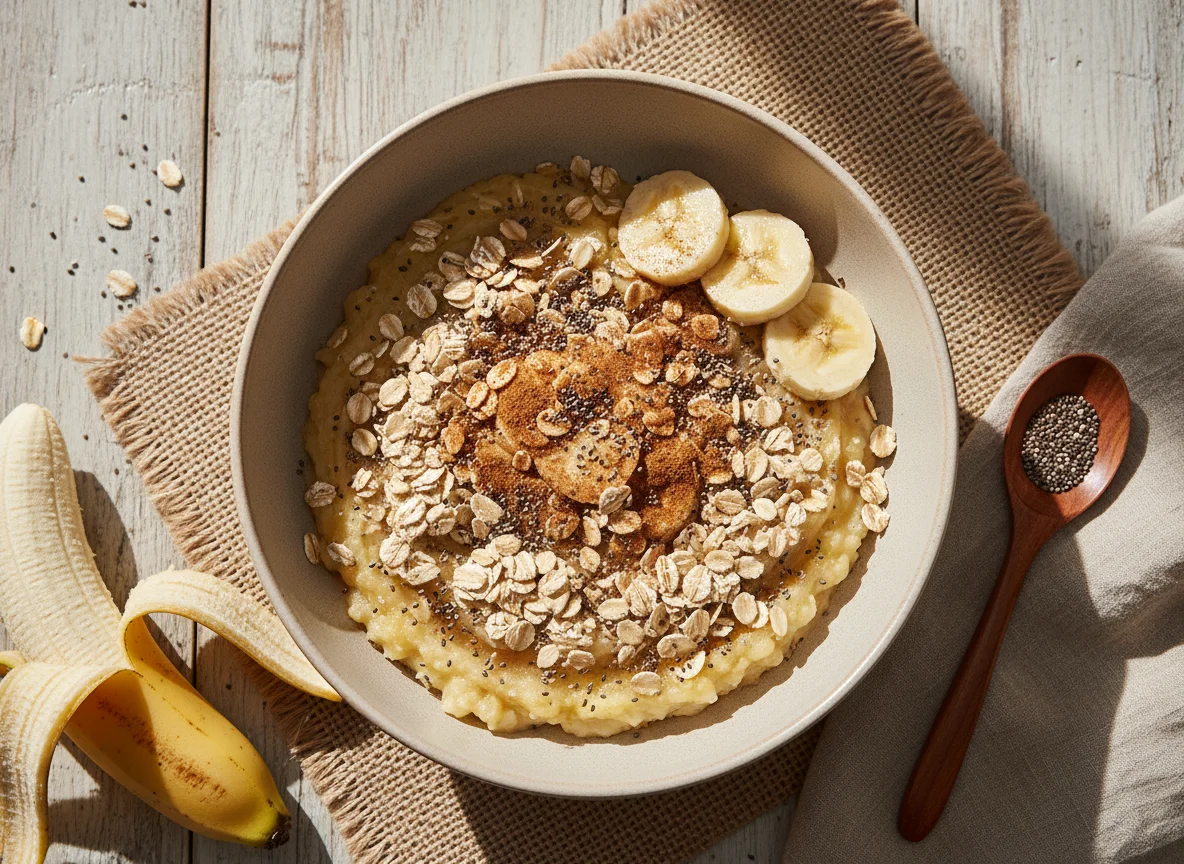 Banana amassada com aveia e chia photo