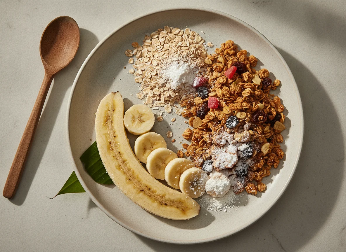 Banana amassada com aveia e granola photo