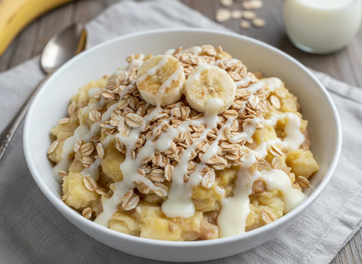Banana amassada com aveia e leite condensado photo
