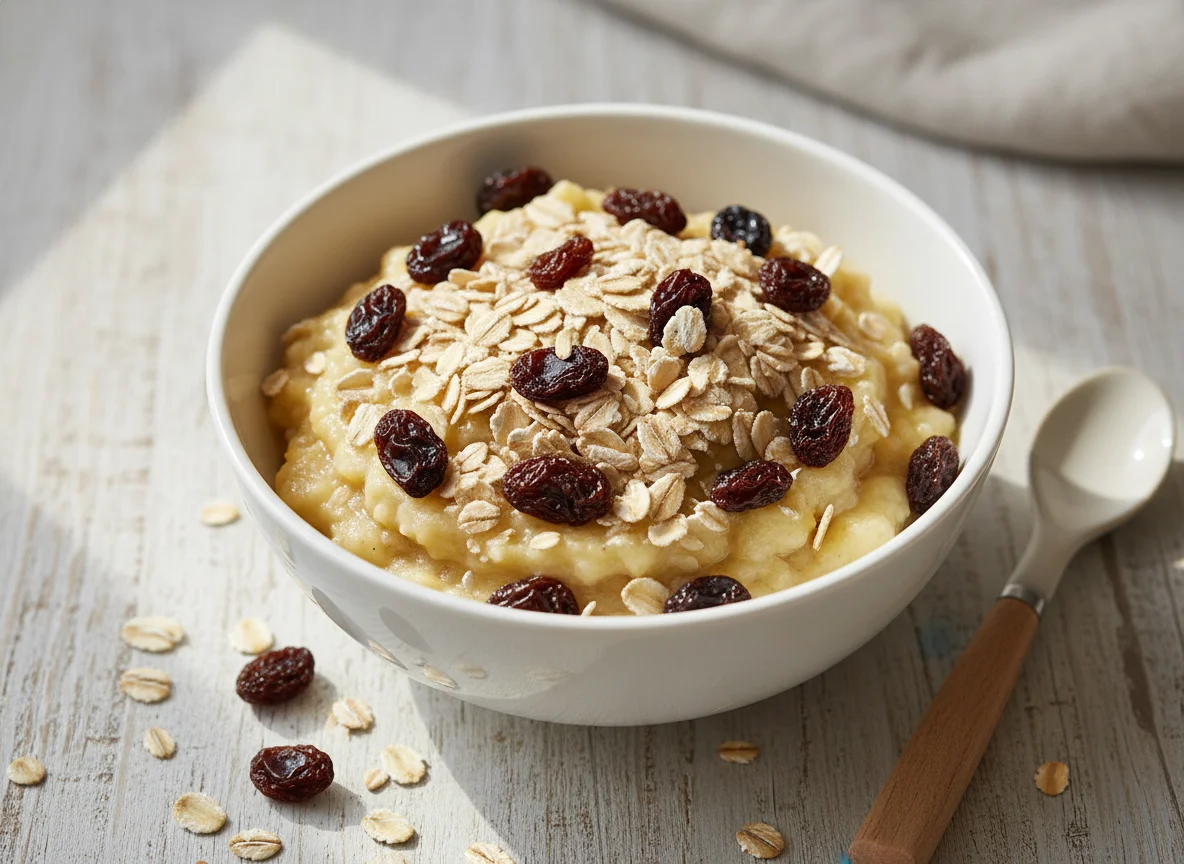 Banana amassada com aveia e uvas passas photo