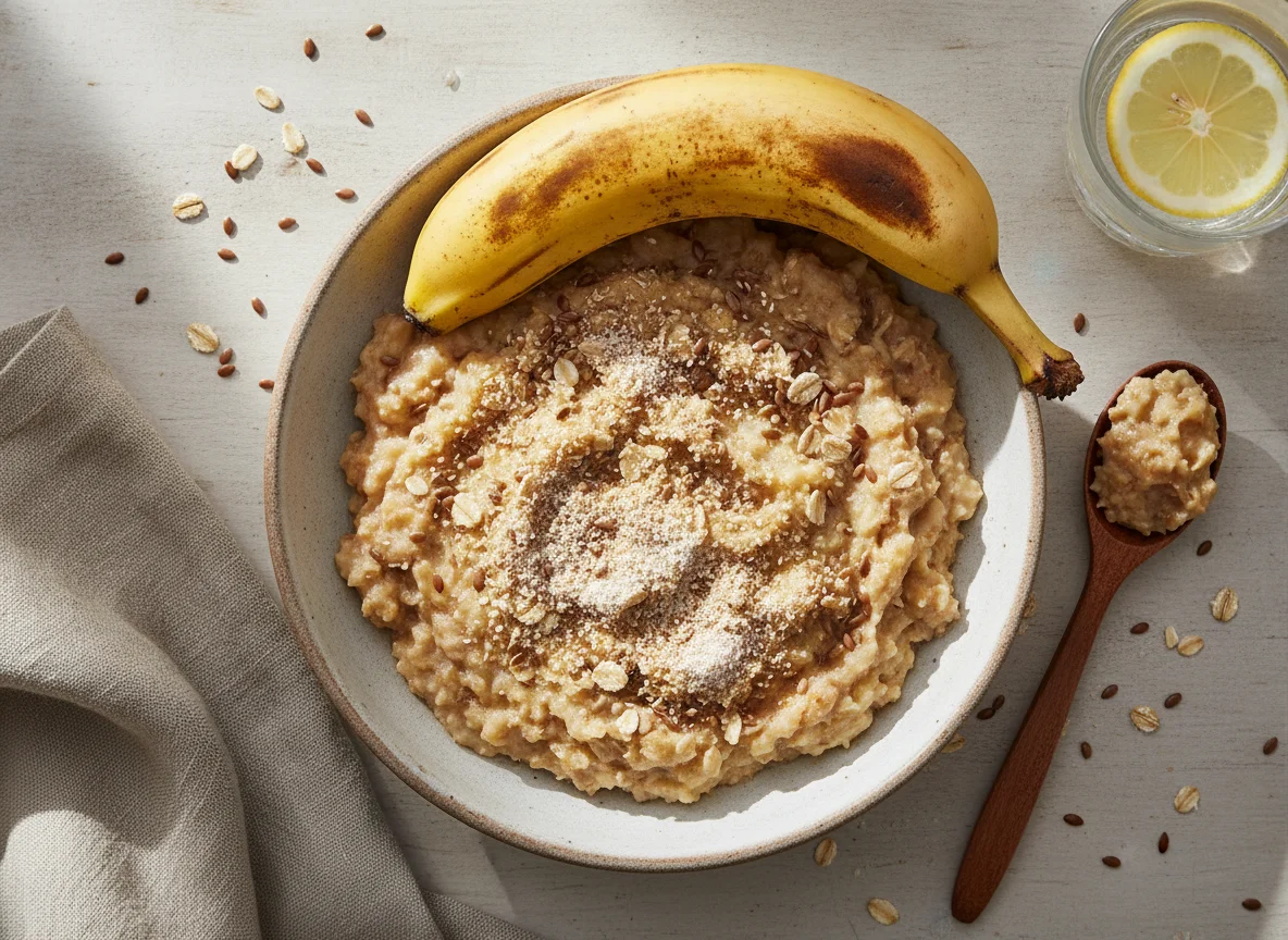 Banana amassada com aveia, linhaça e psyllium photo