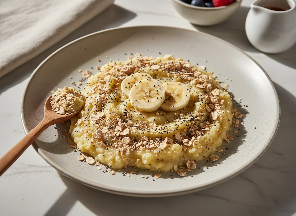 Banana amassada com farinha de aveia e chia photo