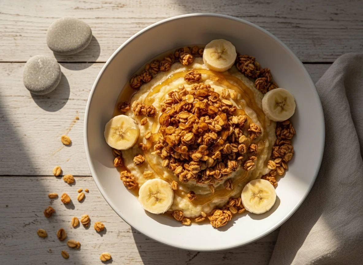Banana amassada com granola e mel photo