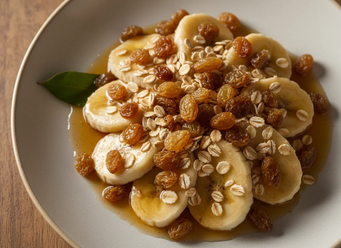 Banana com aveia e uvas passas photo