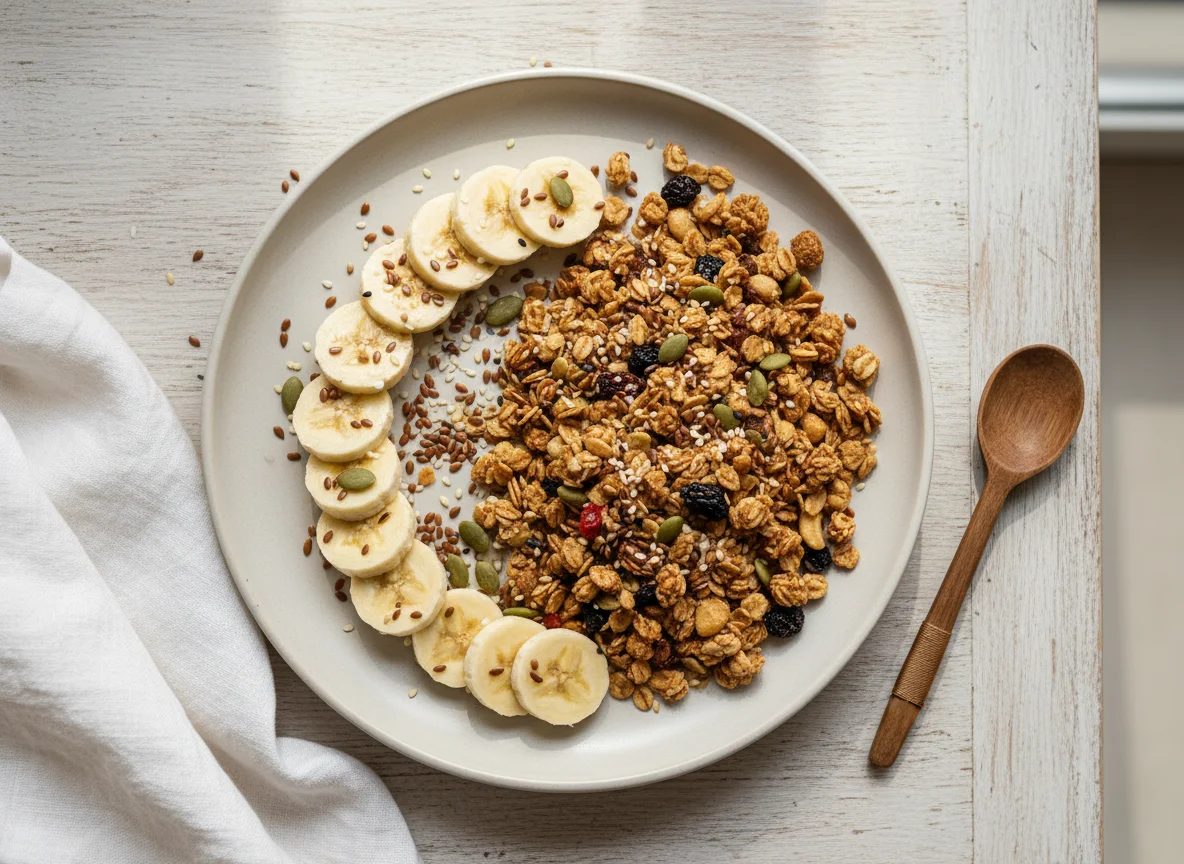 Banana com granola e sementes photo
