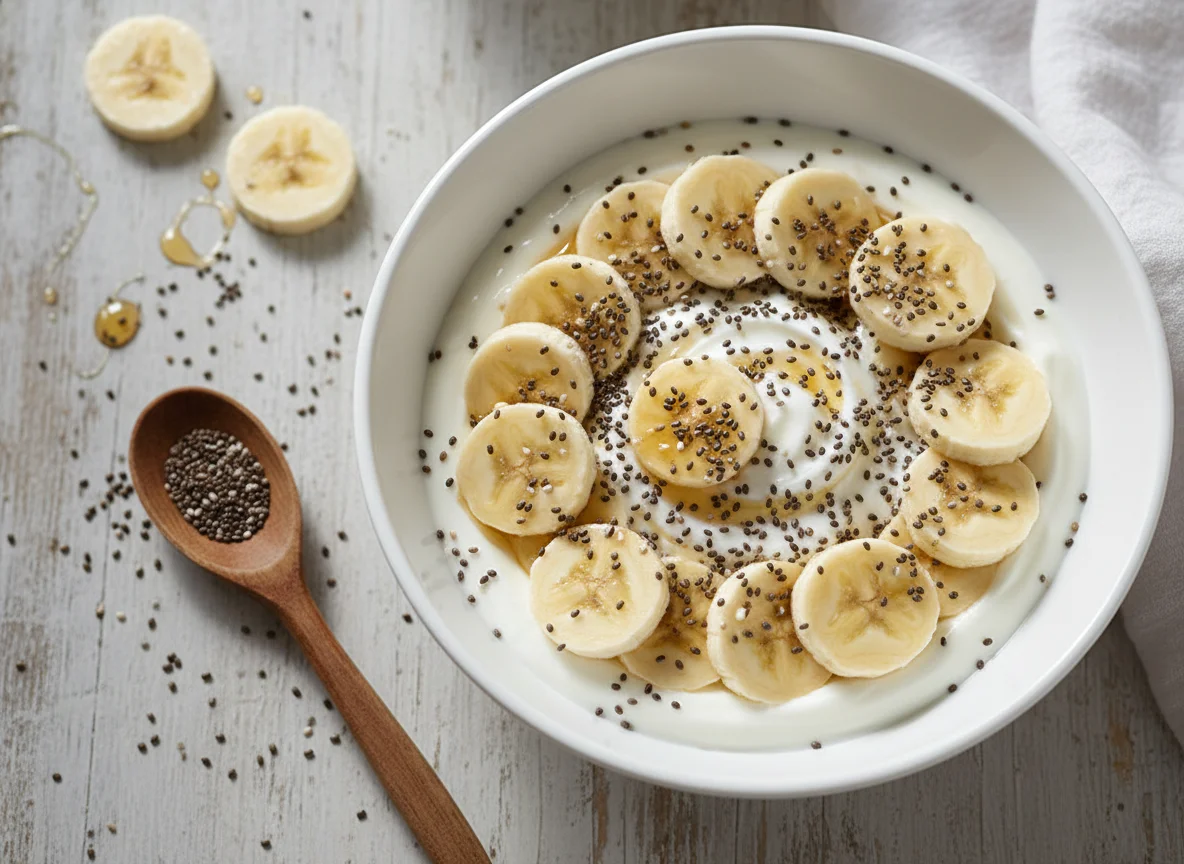 Banana com iogurte e chia photo