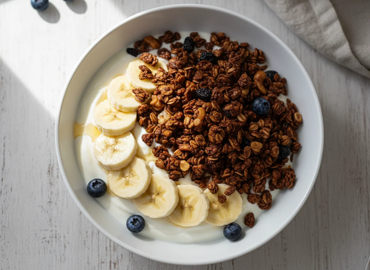Banana com iogurte e granola photo
