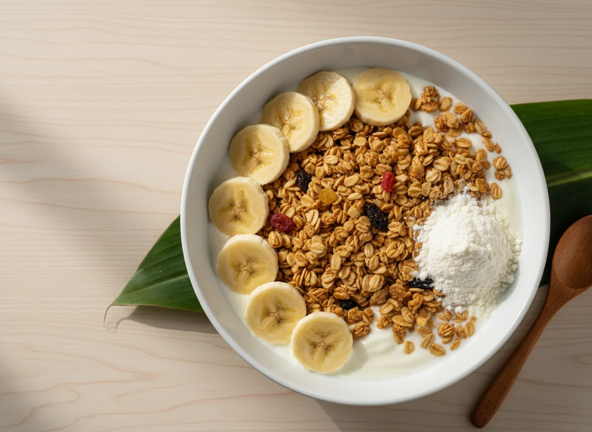Banana com iogurte, granola, whey e leite desnatado photo
