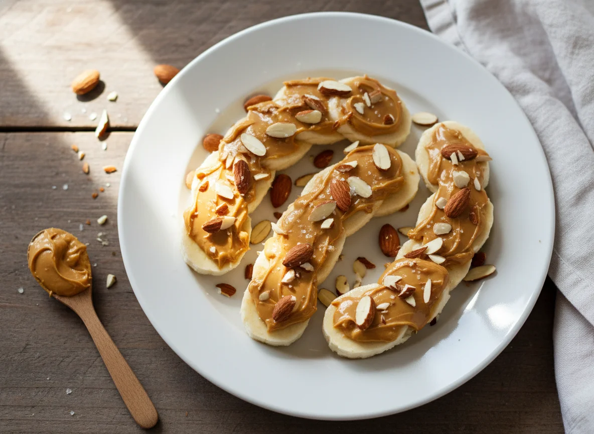 Banana com pasta de amendoim e amêndoas photo