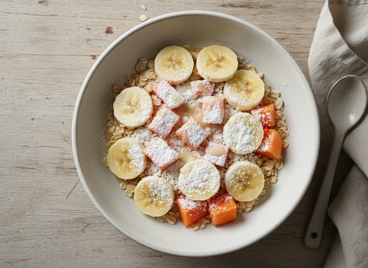 Banana e mamão com aveia e leite em pó com água photo