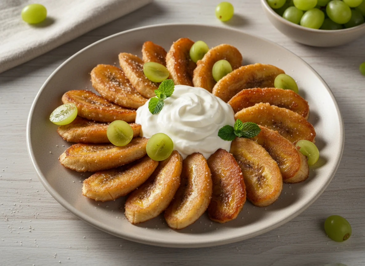 Banana frita com creme e uvas photo