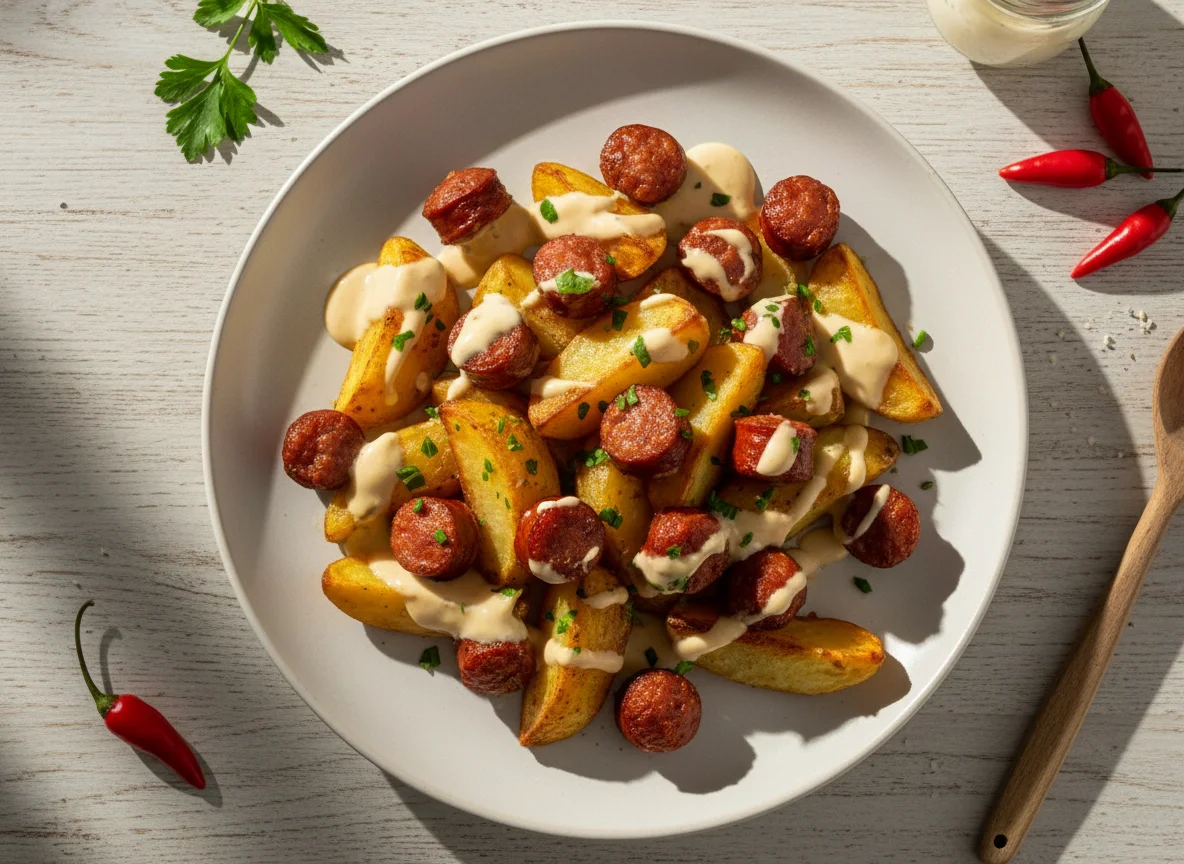 Batata assada com linguiça e creme photo