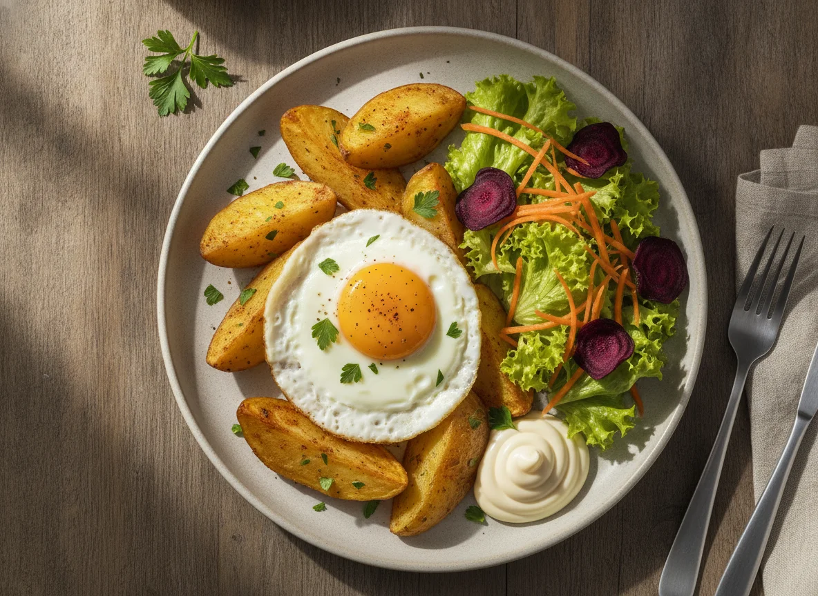 Batata assada com ovo frito e salada photo